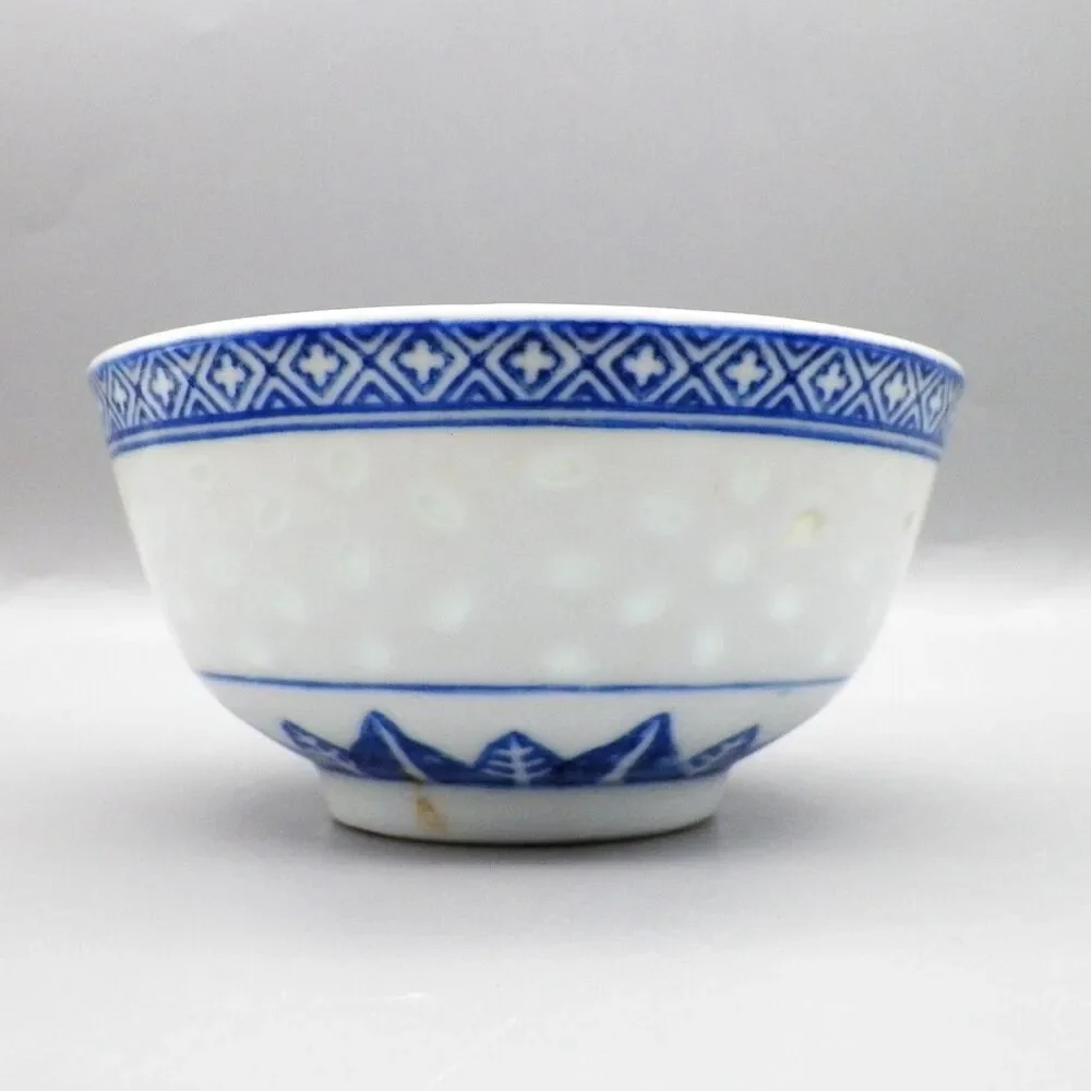 Chinese Blue White Porcelain Translucent Rice Eye Rice Bowl with Spoon